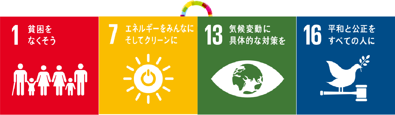 1.貧困をなくそう/7.エネルギーをみんなにそしてクリーンに/13.気候変動に位的な対策を/16.平和と公正をすべての人に